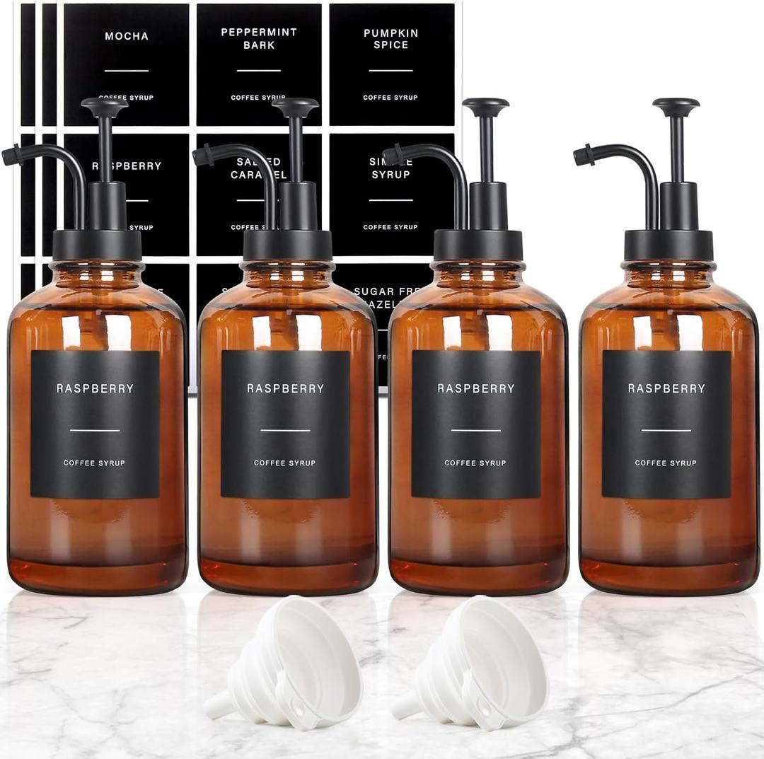 Coffee Syrup Dispenser, Set of 4 Amber Glass Syrup Bottle w. Pump and Labels, 16.9 oz 500ml Glass Syrup Bottle with Pump, Farmhouse Syrup Dispenser for Coffee Bar, Ideal Gift