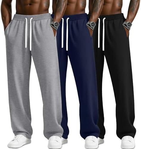 JoyMotion 3 Pack Men's Sweatpants Lightweight Wide Leg Drawstring Open Bottom Pants Baggy Athletic Joggers Lounge with Pocket, Small