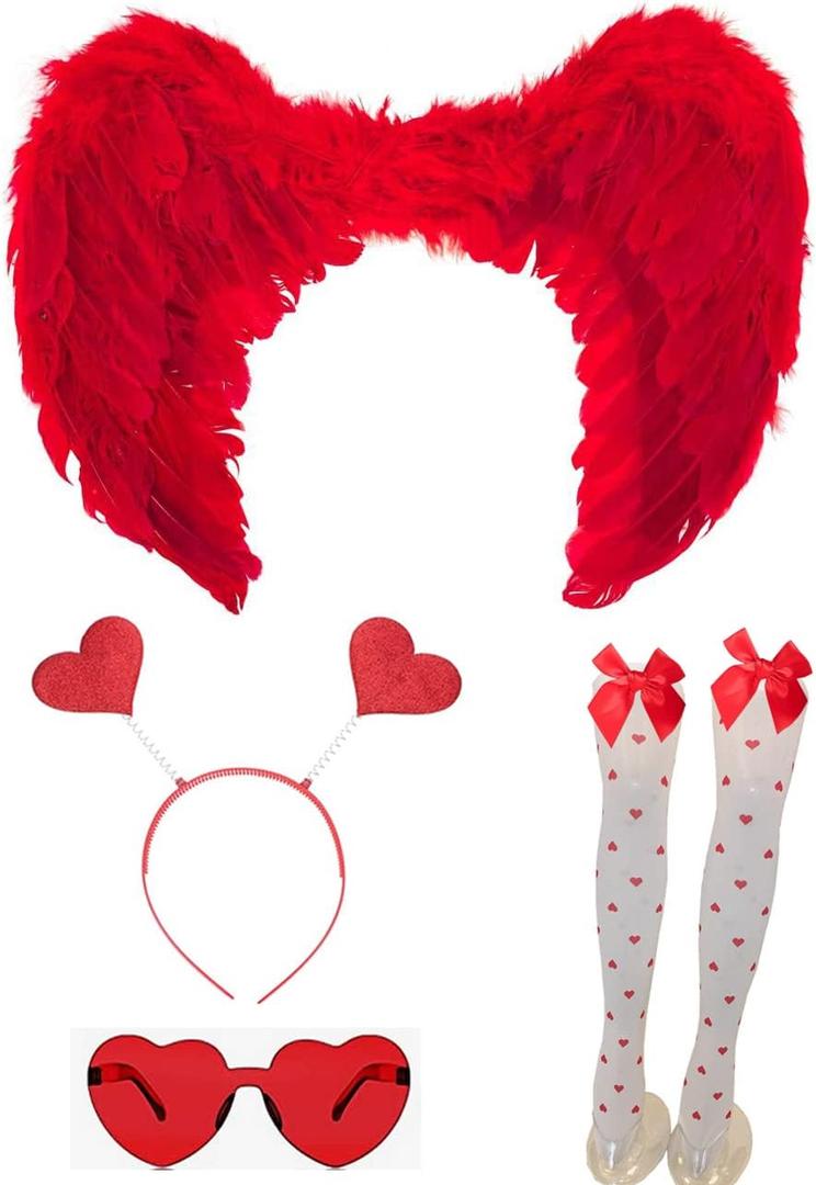 4 PCS Valentines Day Outfit Costume Accessories - Angel Wings | Heart Headband | Heart Sunglasses | Thigh High Stockings