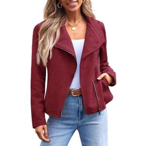AUTOMET Womens Faux Suede Leather Jacket, Cropped Open Front Coat for Fall Winter Spring, Cardigan Style (Winered), L