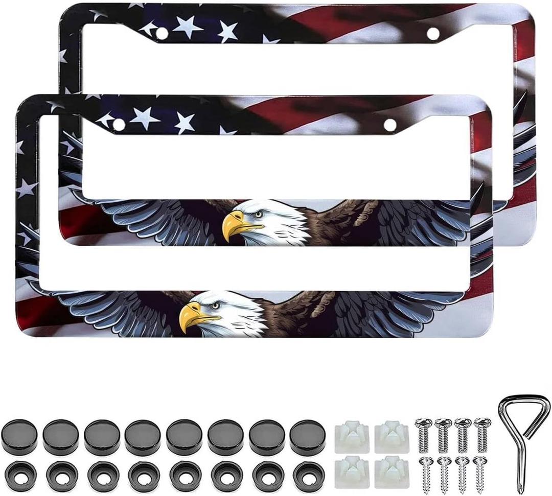American Flag Eagle License Plate Frames - 2 Pack Front Rear Patriotic Matte Gloss Stars Stripe US Flag Stainless Steel Rust-Proof Waterproof Car Tag Frame Holder Covers with Screws Fasteners Caps