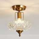 UOFUS Vintage Gold Semi Flush Mount Ceiling Light Fixture with Clear Glass Shade Antique Brass Small Chandelier Flower Close to Ceiling Light for Hallway Entryway Bedroom Porch Foyer Corridor Kitchen