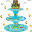 Super Brothers Party Cupcake Stand with Stars & Gold coin Cupcake Toppers 24pcs, Video Game Birthday Party Supplies for Kids Boy Birthday Cupcake Decoration Super Game Bros 3 Tier Cupcake Stand