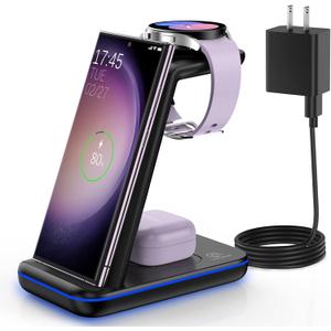 Wireless Charging Station for Samsung/Android, Fast Wireless Watch Charger Station Compatible for Samsung Galaxy S25 Ultra/S24/S23+/Z Flip 7/6 Fold 7/6, Watch8/7/Pro/Active 2 Galaxy Buds3/2 Pro(Black)