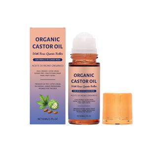 Organic Castor Oil with Rose Quartz Roller, Cold-Pressed Pure Organic Castor Oil Roller Ball for Hair Growth, Eyelashes, Eyebrows & Skin (1.7 FL.OZ)
