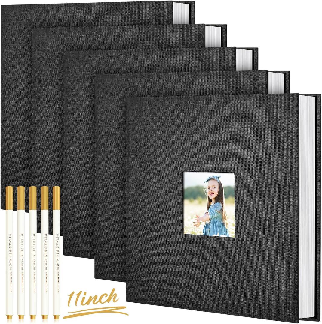 Jetec 5 Pcs 11 x 10.6 Inch Large Photo Album Self Adhesive Scrapbook Album 40 Blank Pages DIY Linen Cover Memory Photo Book with Metallic Pen for Pictures Wedding Family Travel (Black)