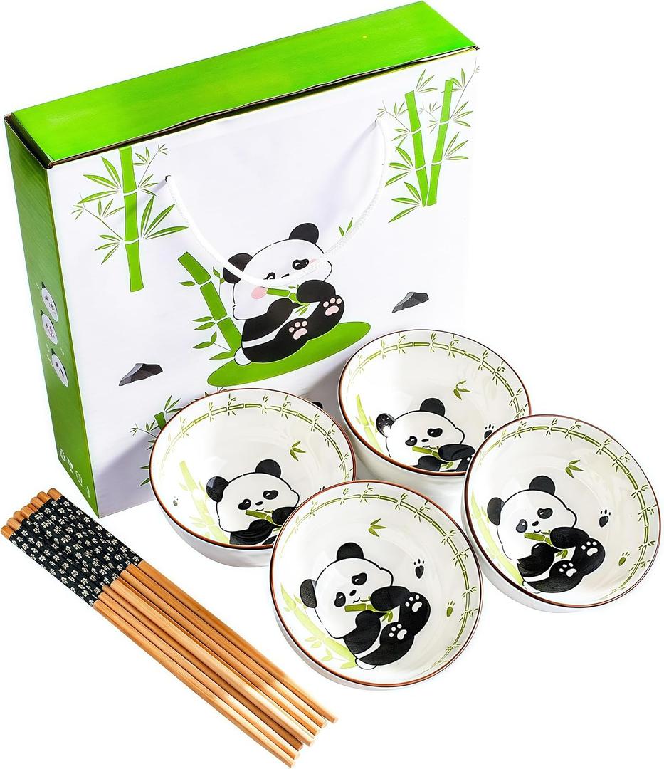 Cute Ceramic Rice Bowl Set with Bamboo Design and Chopsticks Set of 4, Durable Asian Tableware for Soup, Ramen, Cereal & Salad, Microwave Safe