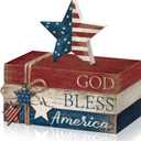 4 Pcs 4th of July Decorations Patriotic Tiered Tray Decorations Signs Rustic Memorial Day Decor Book Block Sign for 250th Anniversary Farmhouse Table Home Tabletop Shelf(Star)