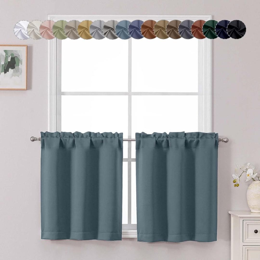 Chyhomenyc Stone Blue Short Blackout Curtains 24 Inch Length, Small Kitchen Curtain Tier Rod Pocket Half Window Curtains for Bathroom Basement Cabinet Camper RV Bunk, 2 PCS, Each 30" Wx24 L