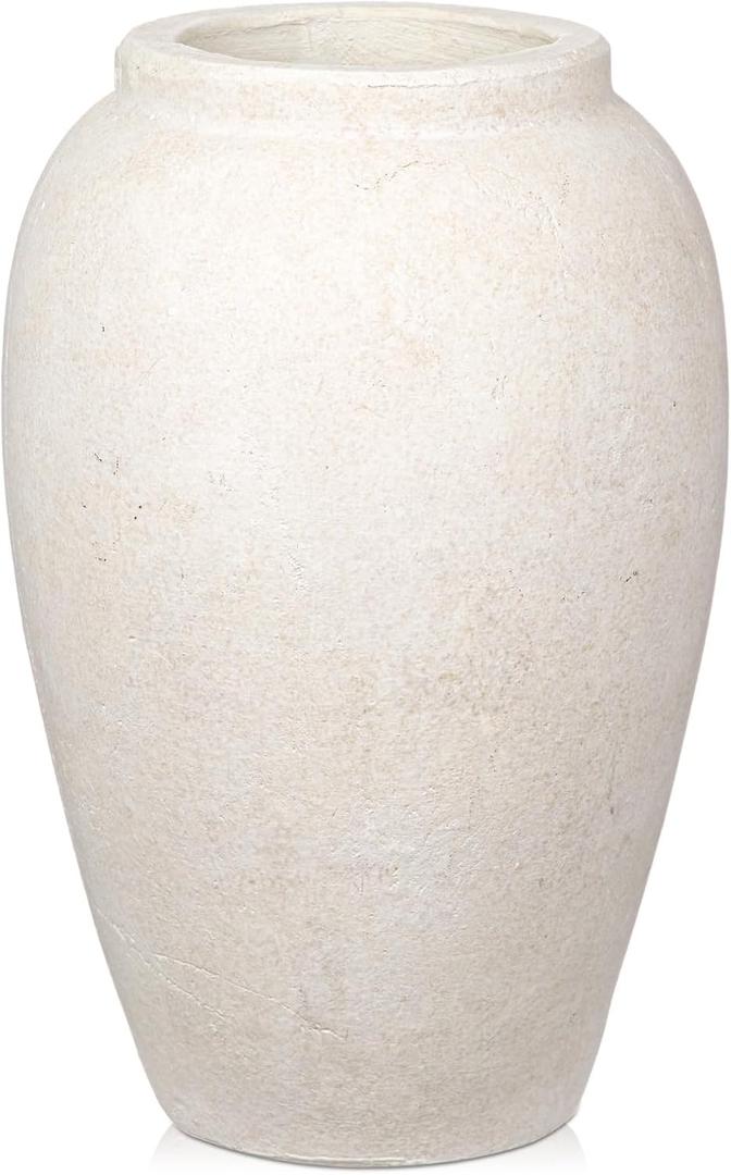 Handcrafted Flower Vase, 10.5" Tall Terracotta Vases, Vintage White Vase, Rustic Antique Dcor, Wide Mouth, Matte Finish for Home Office Resto Caf Decoration