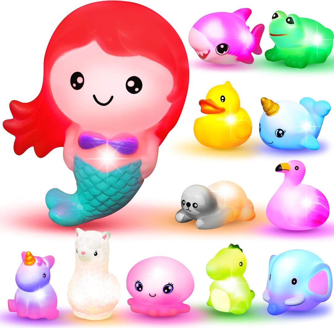 JOYIN 12 PCS Light Up Bath Toys, Toddler Flashing Colourful LED Bathtub Mermaid Toy, Baby Bathtime Floating Rubber Shower Gifts for Infant Kids Girls Valentines Easter Basket Stuffers Pool Party Favor