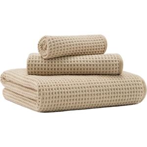 MICROFI Microfiber Waffle Bath Towels, 3 Pieces, Oversized, Soft, Absorbent, Fast Drying, Lint Free, Includes Bath, Face and Hand Towels 430 GSM Beige