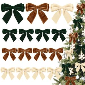 24Pcs Velvet Bows for Christmas Tree, Brown Beige Green Bows Christmas Decorations with Twist Tie, Bulk Vintage Velvet Ornaments for Wreath Garland Gift Wrapping Wedding Champagne Parties 3.5"x3.5"
