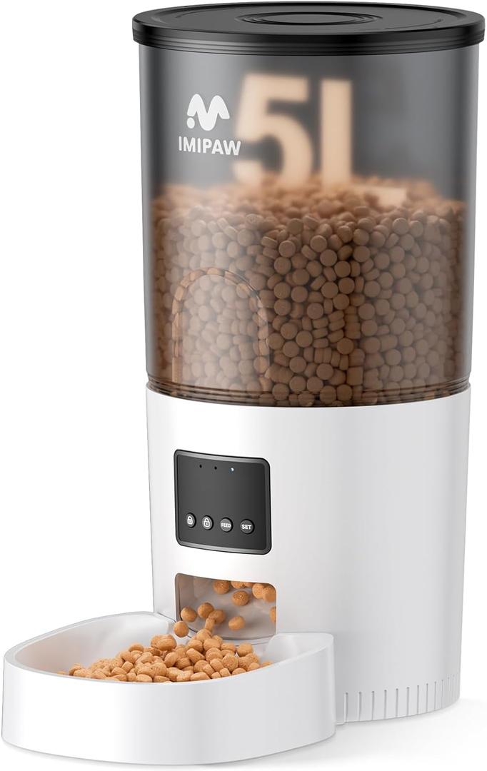 IMIPAW Automatic Cat Feeder, 5L Pet Dry Food Dispenser with Timed Programmable Portion Control, Dual Power Backup, with Desiccant Bag, 1-10 Meals, Easy Set Up, 10 Meals Per Day for Cats and Puppies (White)