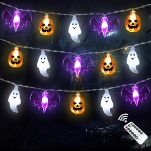 Halloween Lights Decor, 16 FT 30 LED 3D Pumpkin Bat Ghost Battery Operated String Lights with Timer - 8 Lighting Modes Fairy Lights for Home Door Porch Indoor Outdoor Party Decorations