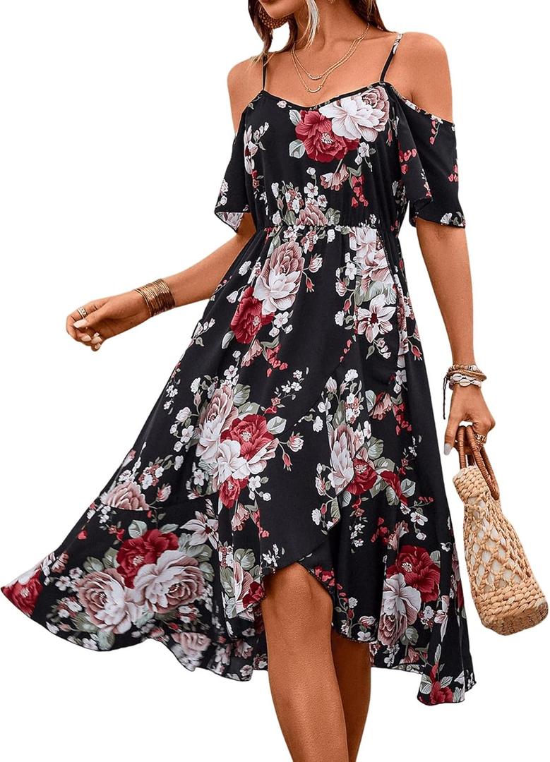 SweatyRocks Women's Floral Print Short Sleeve Cold Shoulder Dress Asymmetrical High Low Ruffle Midi Dresses (X-Large, Black)