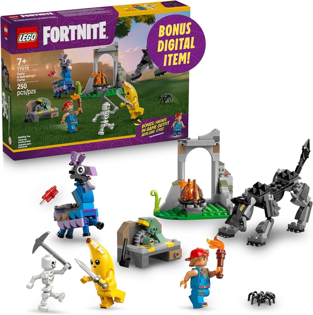 LEGO Fortnite Peely & Sparkplugs Camp Kids Toy - Pretend Play and Video Game Building Set for Girls & Boys, Ages 7+ - Fortnight Toy Figures Peely, Sparkplug, & More - Gift Idea for Birthdays - 77075