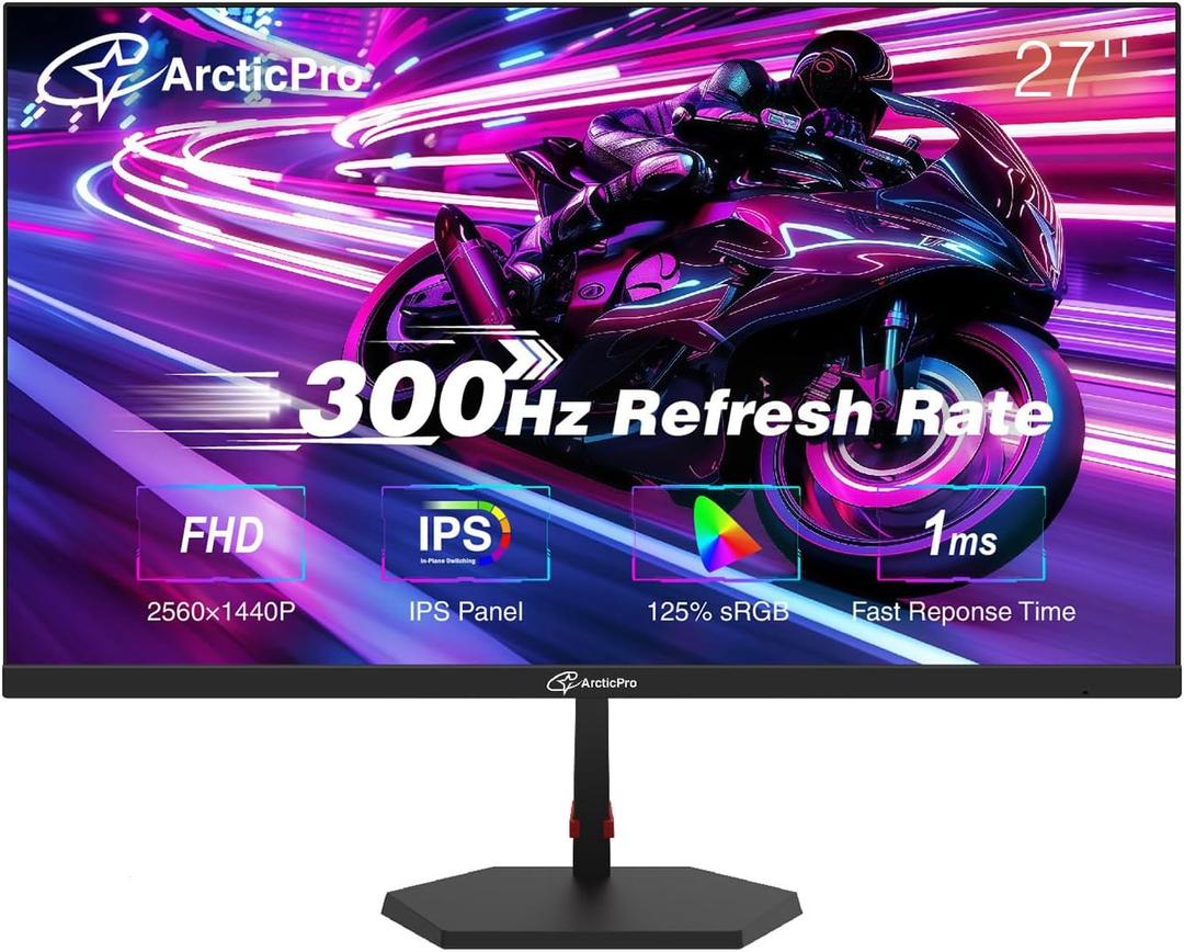 ArcticPro 27 inch 300Hz 240Hz Gaming Monitor, FHD 1080p, 1ms, PC Monitor Gaming, IPS, Adaptive sync, PC Computer Monitor, sRGB 125%, Ultra Slim, DP x2, HDMI x2, VESA Support, with DP cable up to 300Hz