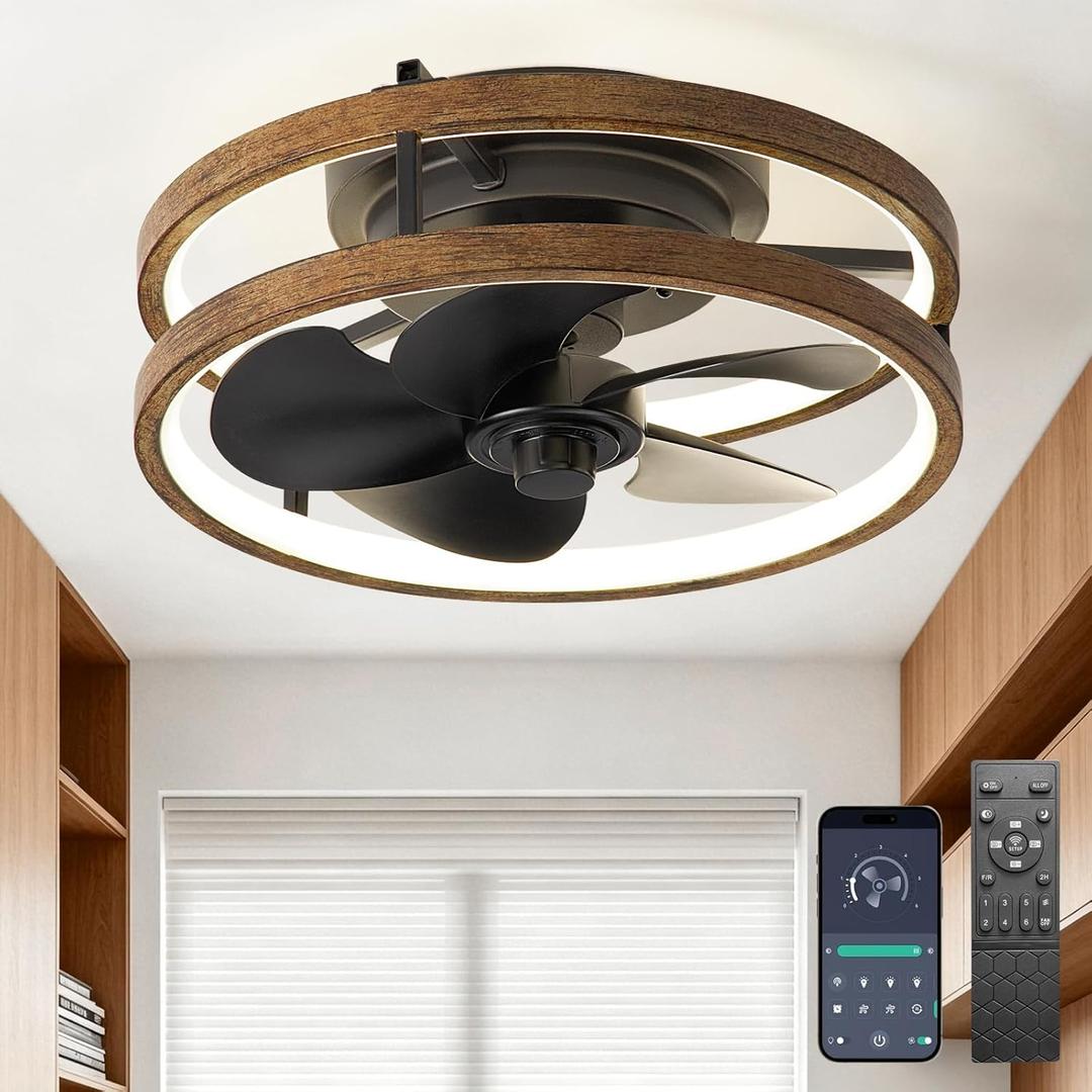13 Inch Small Ceiling Fan with Light and Remote, Low Profile Flush Mount Fandelier, Dimmable 3CCT Quiet LED Ceiling Fans for Bedroom, Wooden Black