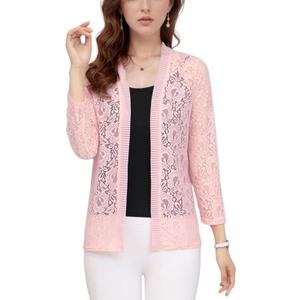 FindThy Womens 3/4 Sleeve Lace Cardigan Long Sleeve Open Front Floral Crochet Shrug Cover Up
(1325-Pink-M-aLB)