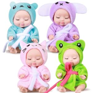 Hanaive 4 Pcs 4 Inch Mini Baby Dolls Lifelike Realistic Baby Dolls Animal Clothes Cute Tiny Gifts for Kids Birthday Party(Robe Style)
