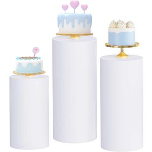 Babenest White Cylinder Pedestal Stand Covers Set of 3, Spandex Vintage Fitted Round Pedestal Covers, Elastic Cloth Pillar Plinth Cover for Birthday Wedding Party Reception Decoration(Without Stands)