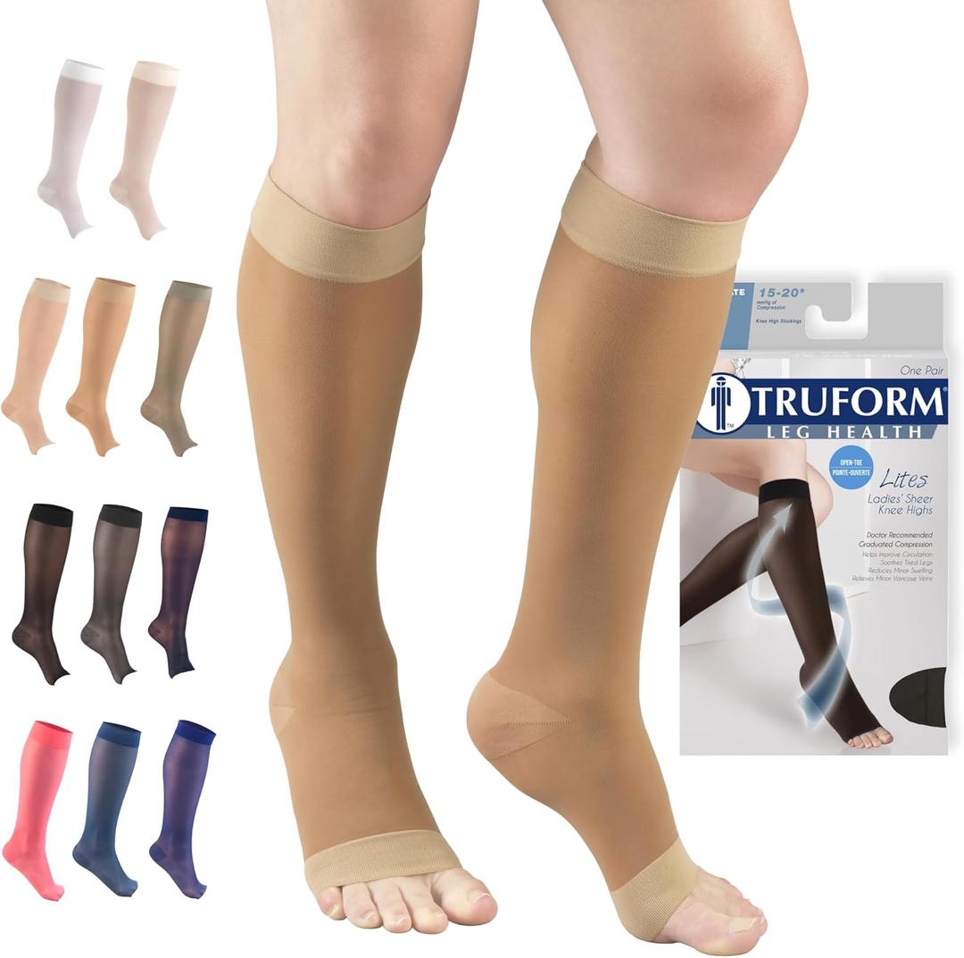 Truform Sheer Compression Stockings, 15-20 mmHg, Women's Knee High Length, Open Toe, 20 Denier, Beige, Large
