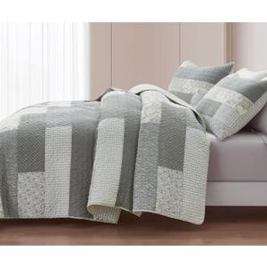 Chezmoi Collection Caleb 3-Piece Muted Gray White Ivory Floral Plaid Rectangular Patchwork Quilt Set - Pre-Washed Cotton Quilted Lightweight Reversible Bedspread for All Seasons, Queen Size