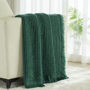 Exclusivo Mezcla Knit Throw Blanket with Fringes for Couch, Reversible Super Soft and Warm Woven Boho Throw for All Season, Home Decor, 50"x60", Forest Green