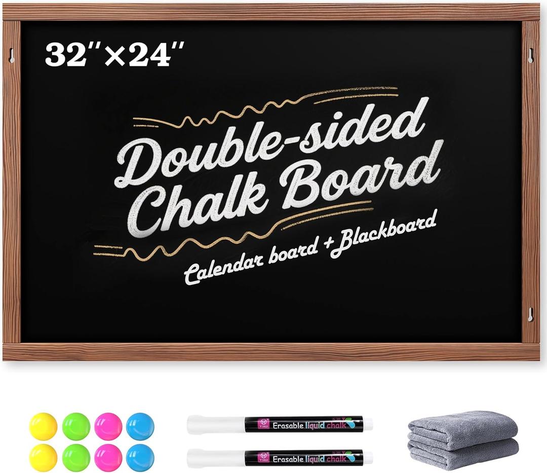 2-in-1 Double-Sided Magnetic Chalkboard 36"x24", Chalk Calendar Board & Large Blackboard for Kitchen & Home Decor, Schedule, Menu, Back-to-School Gift - Hanging Chalk Board with 2 Liquid Pens, Brown