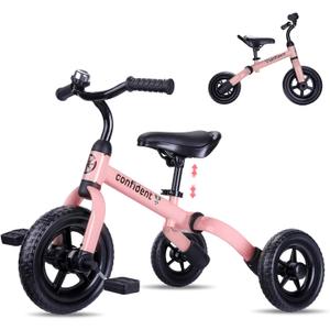 YGJT 3 in 1 Tricycle for Toddlers Age 2-5 Years Old, Folding Kids Balance Bike with Adjustable Seat and Removable Pedal, Toddler Bike Ride-on Toys for Infant, Gifts for Baby Girls Birthday(Pink)
