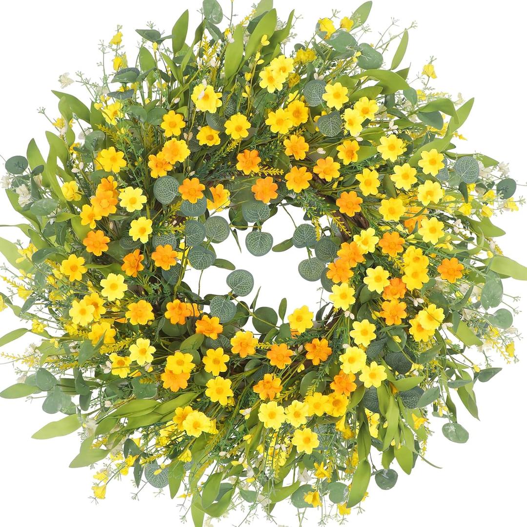 Summer Wreaths for Front Door, 24" Yellow Daisy Wreaths for Front Door Window Wall Wedding Farmhouse Festival Decor, Handmade Artificial Spring Summer Wreath for Home Decoration