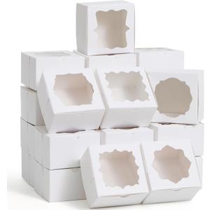 JOYIN 24 PCS Christmas Cookie Boxes, 4 x 4 x 2.5 Bakery Pastry Boxes Set with Window for Gift Giving, Xmas Holiday Birthday Brownie, Donut, Truffle White Cardboard Treats Boxes 6 Designs