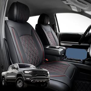 Super Cover for Dodge Ram Seat Covers 2002-2025 2026 1500/2500/3500 Front Pickup Truck for Dodge Ram Leather Seats Covers Crew Mega Cab Waterproof Leather Car Seat Accessories(Front Seat, Black&Red)
