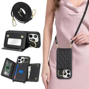 for iPhone 15 Pro Case with Card Holder and Strap for Women,Crossbody Lanyard, Make Up Mirror,Ring Stand,Snap Clasp,Cute Phone Wallet Cases 6.1 inch - Black