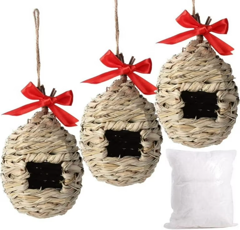 Hummingbird House, Grass Hand Woven Birdhouses for Outdoors Hanging, Natural Bird Hut for Outside, Bird Houses for Audubon Finch Canary Chickadee - Set of 3