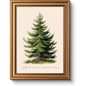 WHASAYART Gold Framed Vintage Wall Art Christmas Tree Print for Living Room Christmas Pictures Botanical Pine Tree Painting Shelf Decor Winter Cottagecore Room Aesthetic Xmas Holiday Decorations Gift