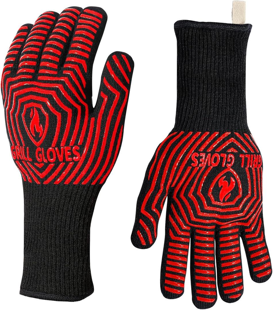 BBQ Gloves, BBQ Accessories 1472 Extreme Heat Resistant, Grilling Gloves Silicone Non-Slip Oven Mitts, Kitchen Gloves for BBQ, Grilling, Cooking, Baking-1 Pair 14inch (One Size Fits Most(Long Cuff), Black Red)