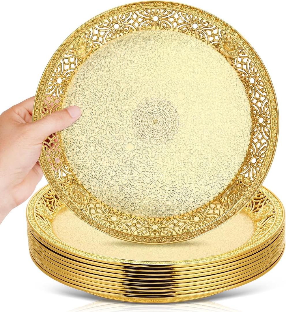 10 Pack Gold Plastic Serving Tray Bulk Lightweight Round Party Snack Serving Tray Reusable Decorative Food Appetizer Platter for Coffee Tea Dessert Fruit Wedding Party Buffet(10.6 Inch)