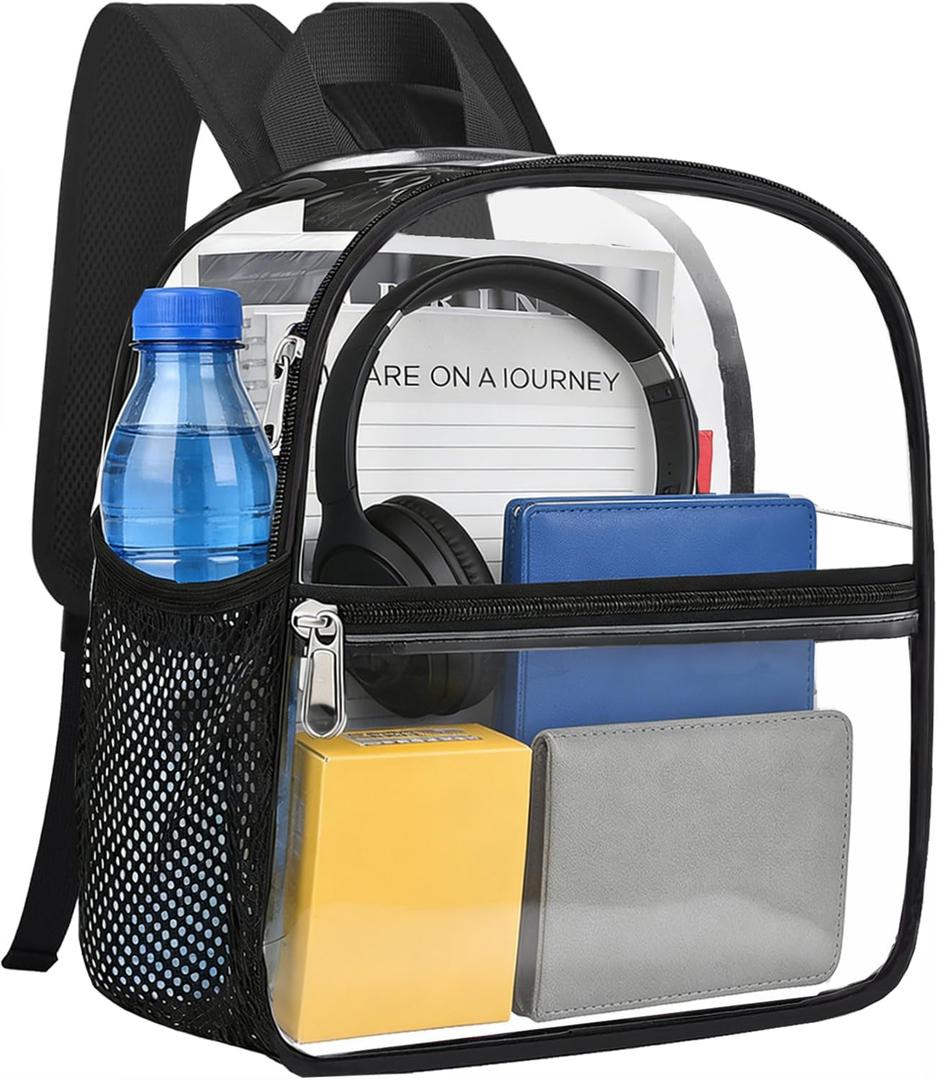 Busiuw Clear Backpack for Stadium Events 12x12x6, Clear Bag Stadium Approved Mini Small Sports Fan Backpacks with Front Pocket for Sport Concert Work Travel(Enhanced Straps,Black)