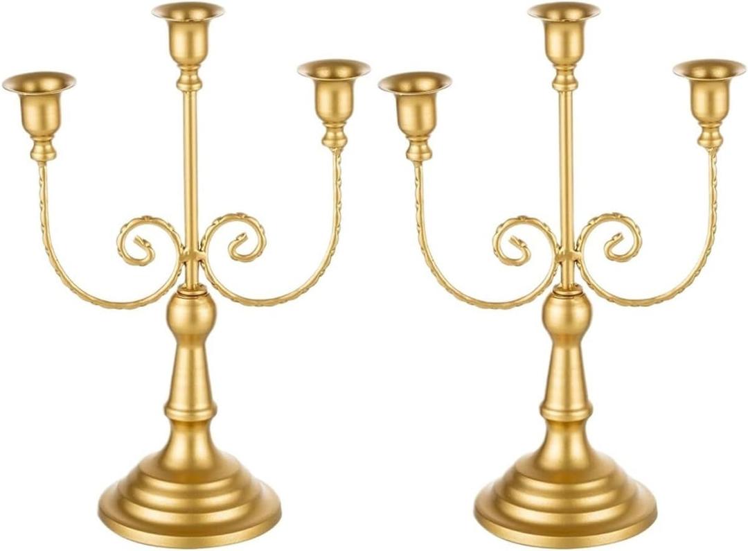 Table Decor Candlestick Holders Candelabras Gold Candle Stick Stands 2 Pcs Metal Candelabra Centerpieces Candle Holders(3-arms Gold)