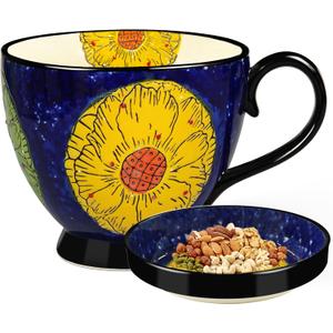 JUSONEY 18OZ Handpainted Ceramic Soup Bowls with Snack Serving Tray,with Vintage Floral Embossed Design Microwave Safe, Large Handle & Thick Base, Perfect for Cereals, Fruits,Soup,nut,Snack etc.(D)