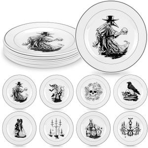 8 Pcs Vintage Halloween Dinnerware Set Halloween Plates Serving Dishes 8 Inch Reusable Gothic Dinnerware Set Salad Dessert Plates for Indoor and Outdoor Use Kitchenware Gift(Classic,8 Inch)