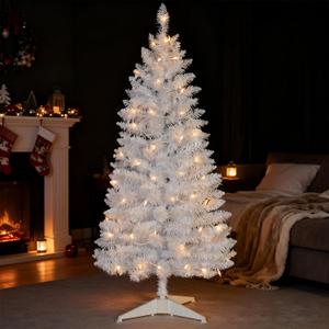 4ft Lighted Artificial White Christmas Tree | Leeheeyee Small Christmas Tree, Not Pre-lit White Tinsel Pine Trees with Lights, Ideal for Home, Office, and Xmas Tree Party Dcor
