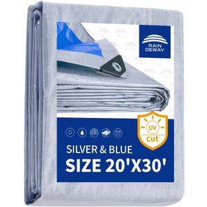 RAINDEWAY Tarps - 20x30 Feet, 5.5 Mil Thick, Multipurpose Waterproof Poly Tarp Cover with Metal Grommets and Reinforced Edges, Silver/Blue Large Tarp