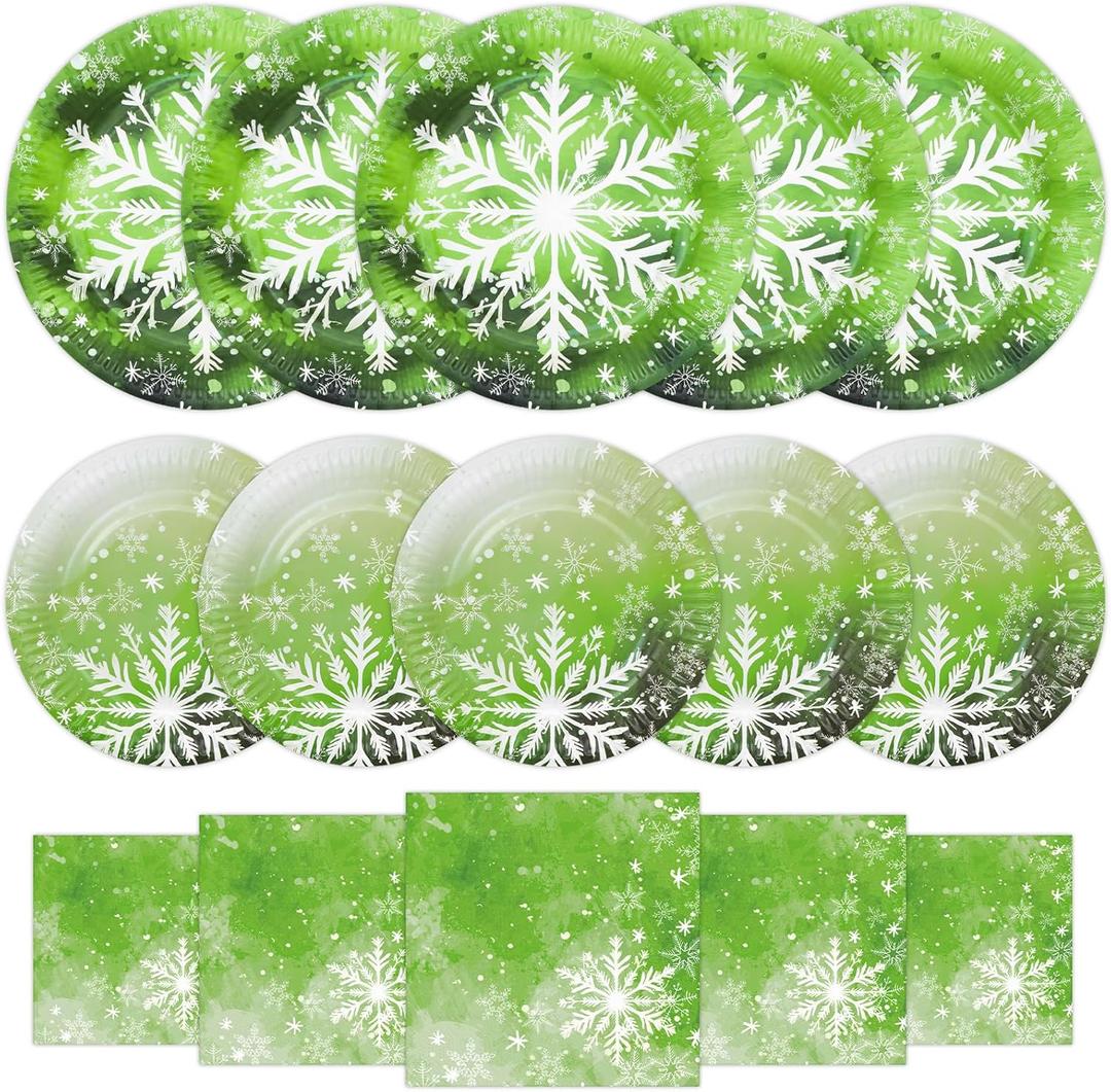 YY 150 Christmas Party Paper Plates Napkins Set Snow Crystal Dinner Plates with Paper Napkins Disposable Dinnerware