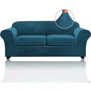PrinceDeco Couch Cover Velvet Plush Sofa Covers for 2 Cushion Couch Width Up to 90 Inch Washable Furniture Protector Pet Friendly No Slip Sofa Slipcover(Medium-Large, Deep Teal)