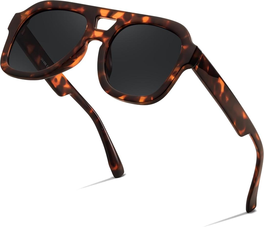 FEISEDY Vintage Aviator Sunglasses Double Bridge Women Men Large Square Thick Frame Trendy Eyewear UV400 B2846 (Brown Tortoise Frame & Grey Lens)