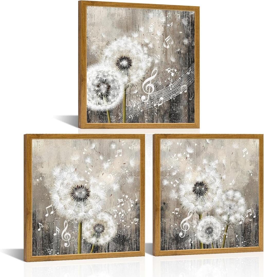 NutArtPic Dandelion Wall Art Wish Flowers Pictures Rustic Dandelion Music Note Paintings Canvas Brown Wall Decor Artwork for Bathroom Bedroom Home Decor Ready To Hang 12x12inchx3pcs