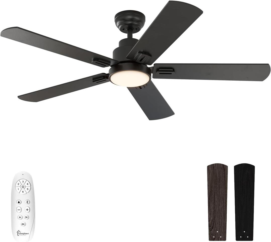 warmiplanet 52 Inch Indoor Ceiling Fans with Lights and Remote Control, 6 Speeds Slient Reversible DC Motor, 3 Color Dimmable LED Light, Timer, Black, 5 Blades